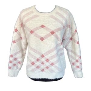 FRNCH Paris Ivory & Metallic Orange Diamond Print Eyelash Sweater, S/M, Stretch